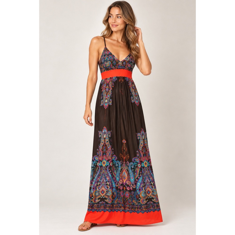 Snap Womens Paisley V-Neck Maxi Dress Orange Brown Boho Summer Size S Style 203
